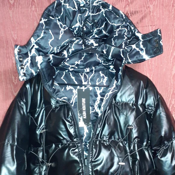KASH KOUTURE PUFFER COAT BLACK REVERSIBLE AND DETACHABLE HOOD 4 POCKETS SIZE S